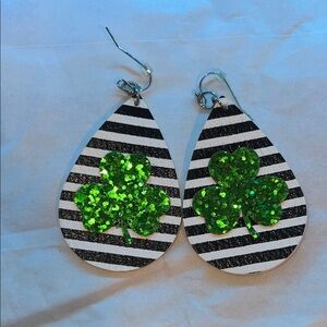Striped Teardrop Earrings with Glitter Shamrock